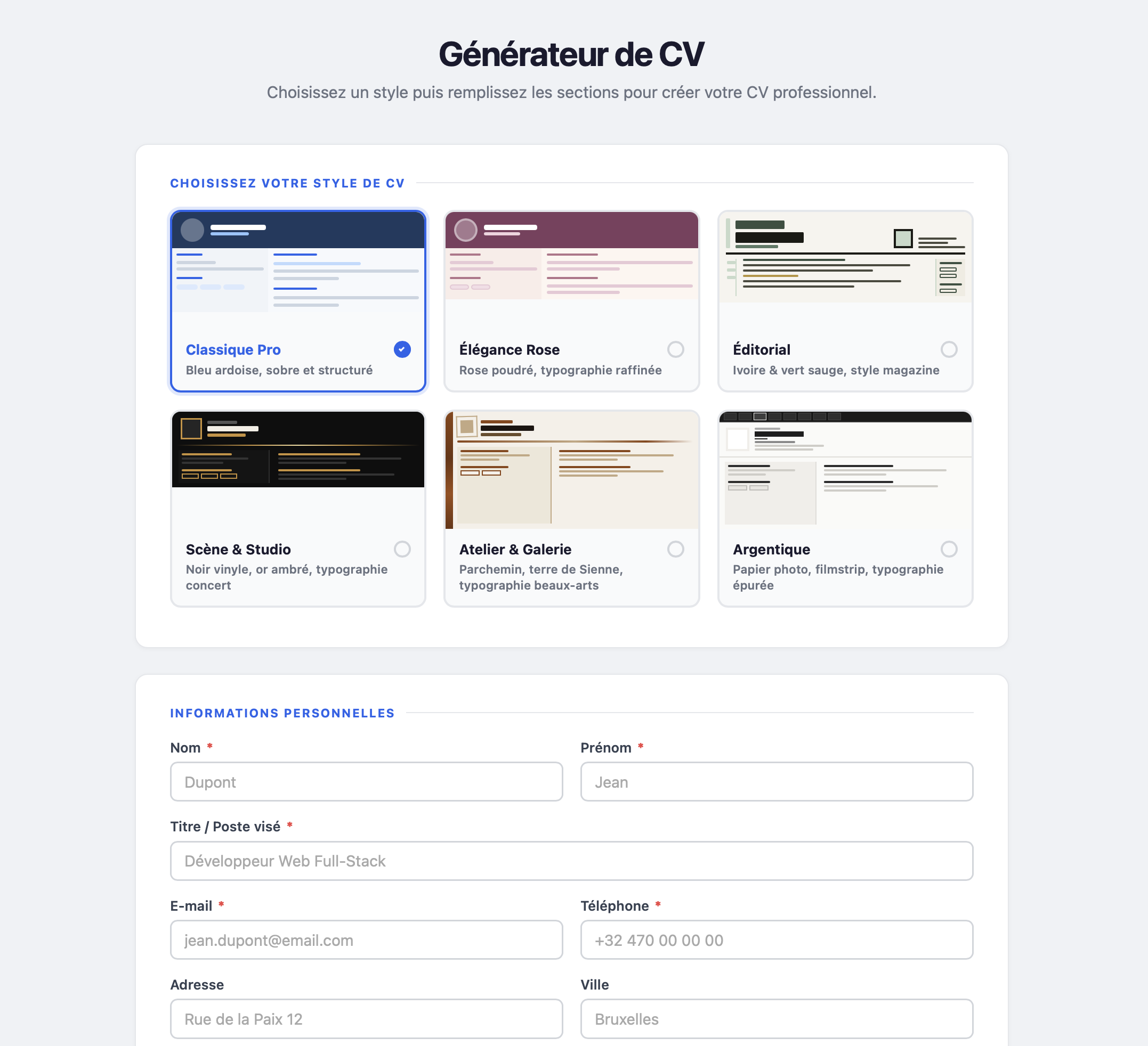 Générateur de CV — application web de création de curriculum vitae
